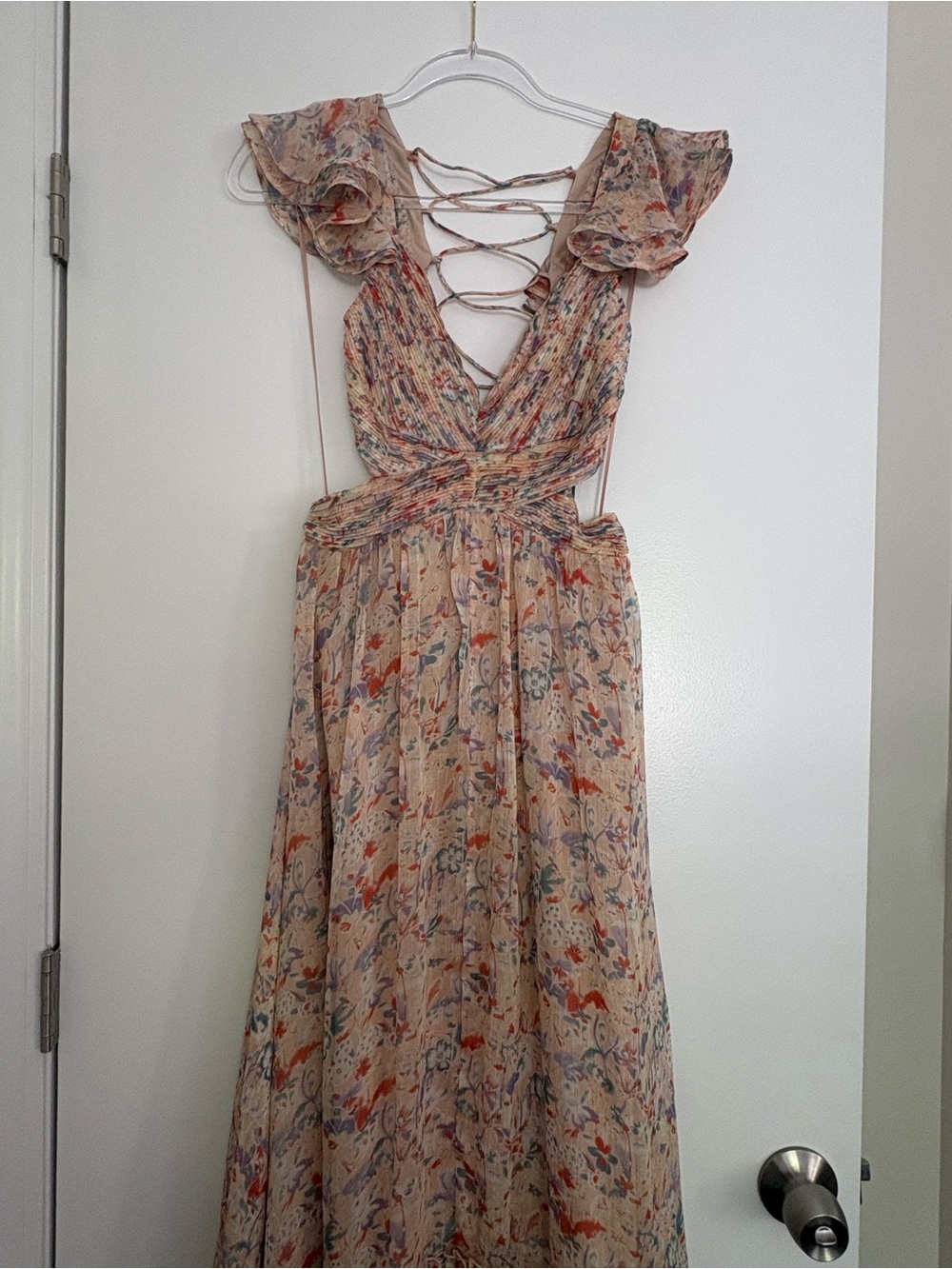 Astr Floral Lace-Up Backless Maxi Dress in Blush Multi